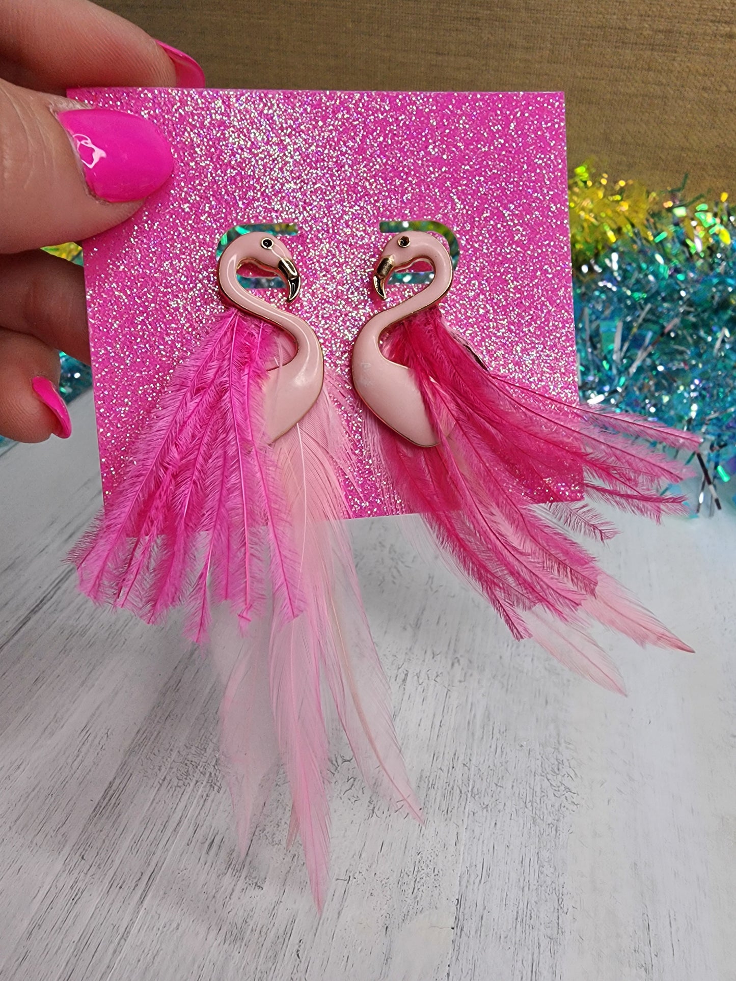 Epoxy Flamingo & Feather Earrings (Light Pink)