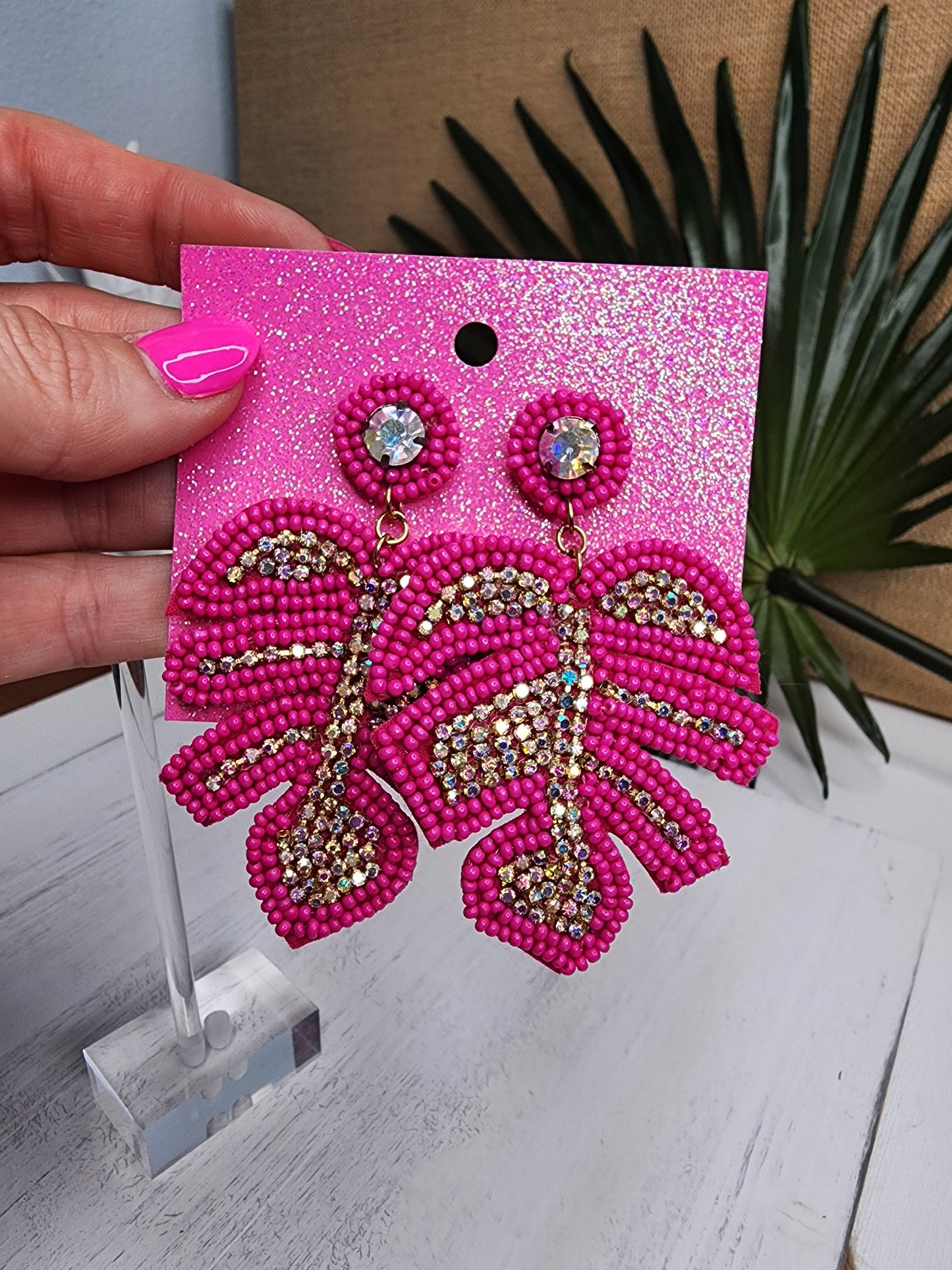 Leaf Bead & Crystal Earrings in Pink