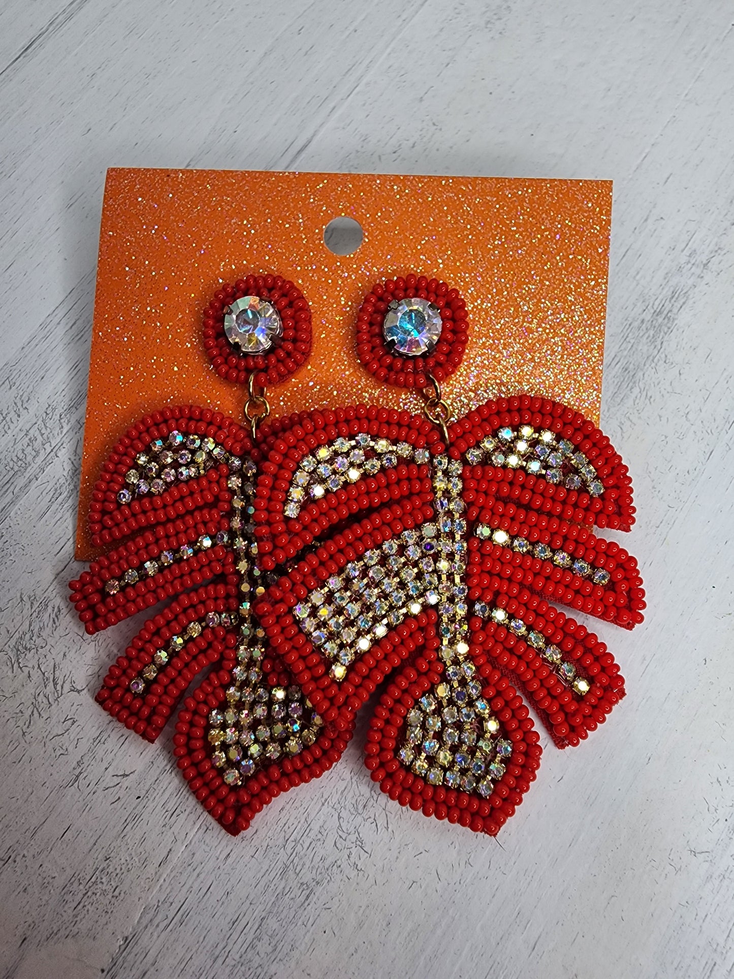 Leaf Bead & Crystal Earrings in Red