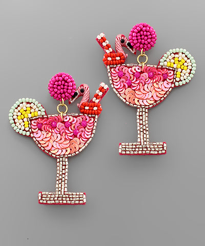 Pink Flamingo in a Fun Drink Earrings - Pink