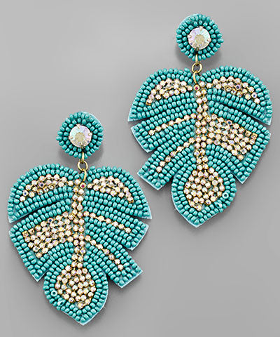 Leaf Bead & Crystal Earrings - Turquoise