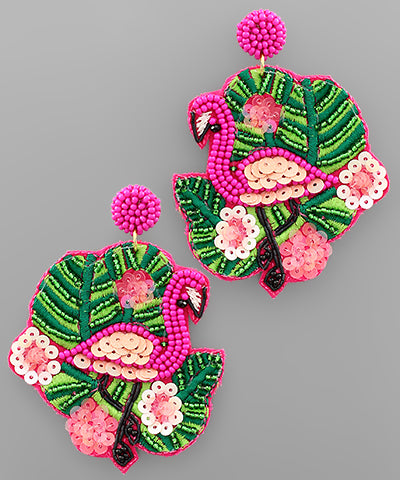 Flamingo & Leaf Beaded Earrings