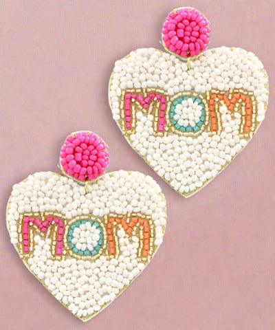 MOM Heart Earrings - White