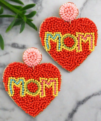 MOM Heart Earrings - Red