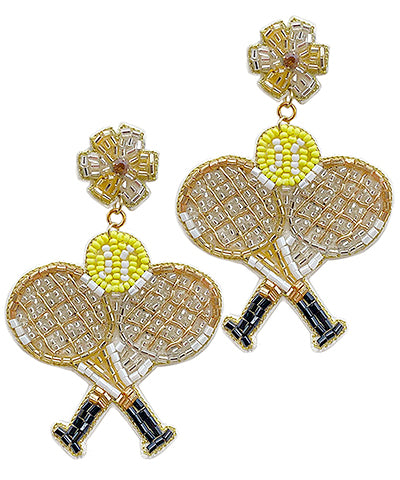 Double Racket Beaded Tennis Earrings - Silver