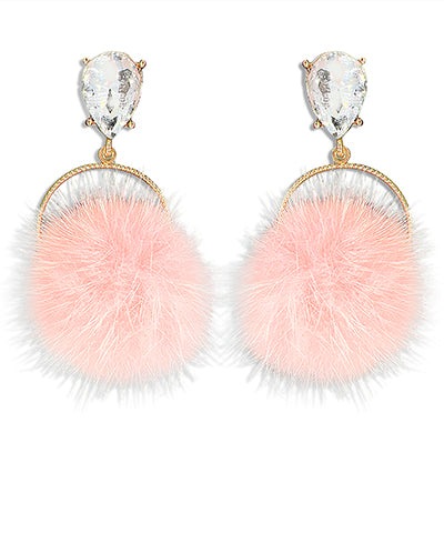 Pom Pom Crystal Round Dangle Earrings - Peach
