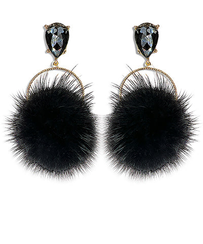 Pom Pom Crystal Round Dangle Earrings - Black