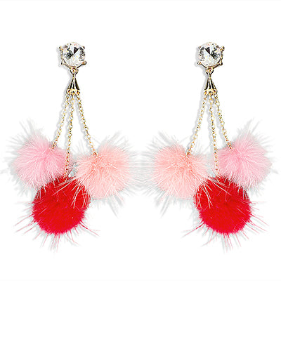 PomPom & Chain Drop Earrings - Red