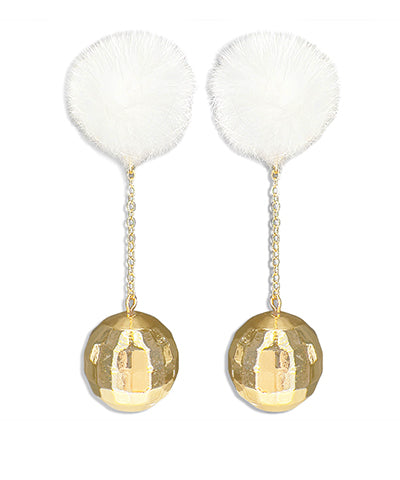 PomPom & Disco Ball Drop Earrings - White/Gold