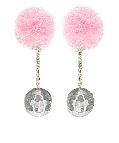 PomPom & Disco Ball Drop Earrings - Light Pink