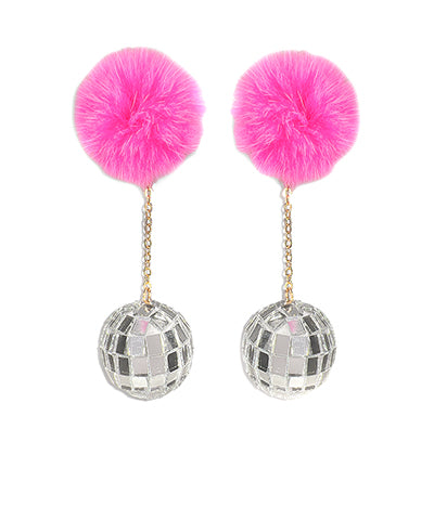 Disco Ball & Pom Pom Drop Earrings - Hot Pink