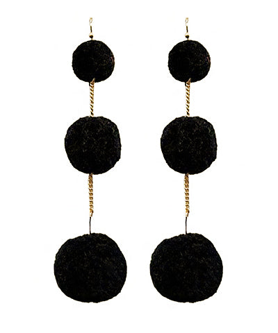 Linked 3 Size Pompom Earrings - Black