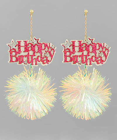 "Happy Birthday"  White Pom Pom Glitter Earrings