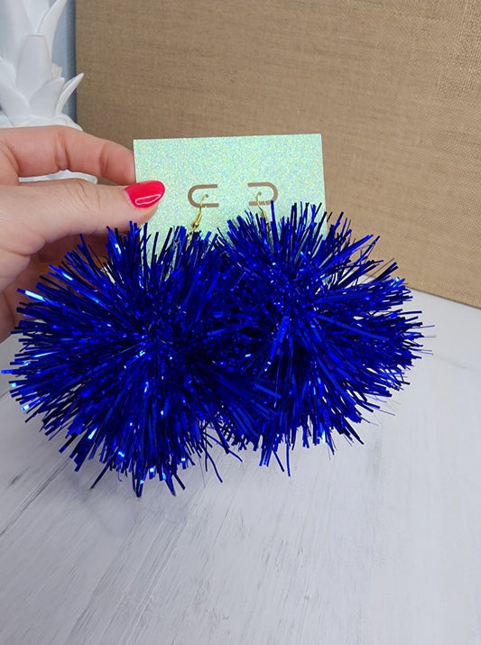 Dark Blue Pom Pom Tinsel Earrings