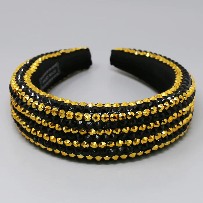 Stone Embellished Padded Headband in Black & Gold