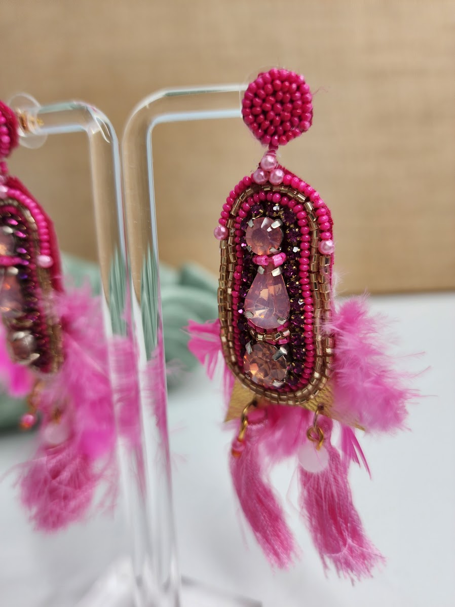 Pink Ladies with Feathers Earrings
