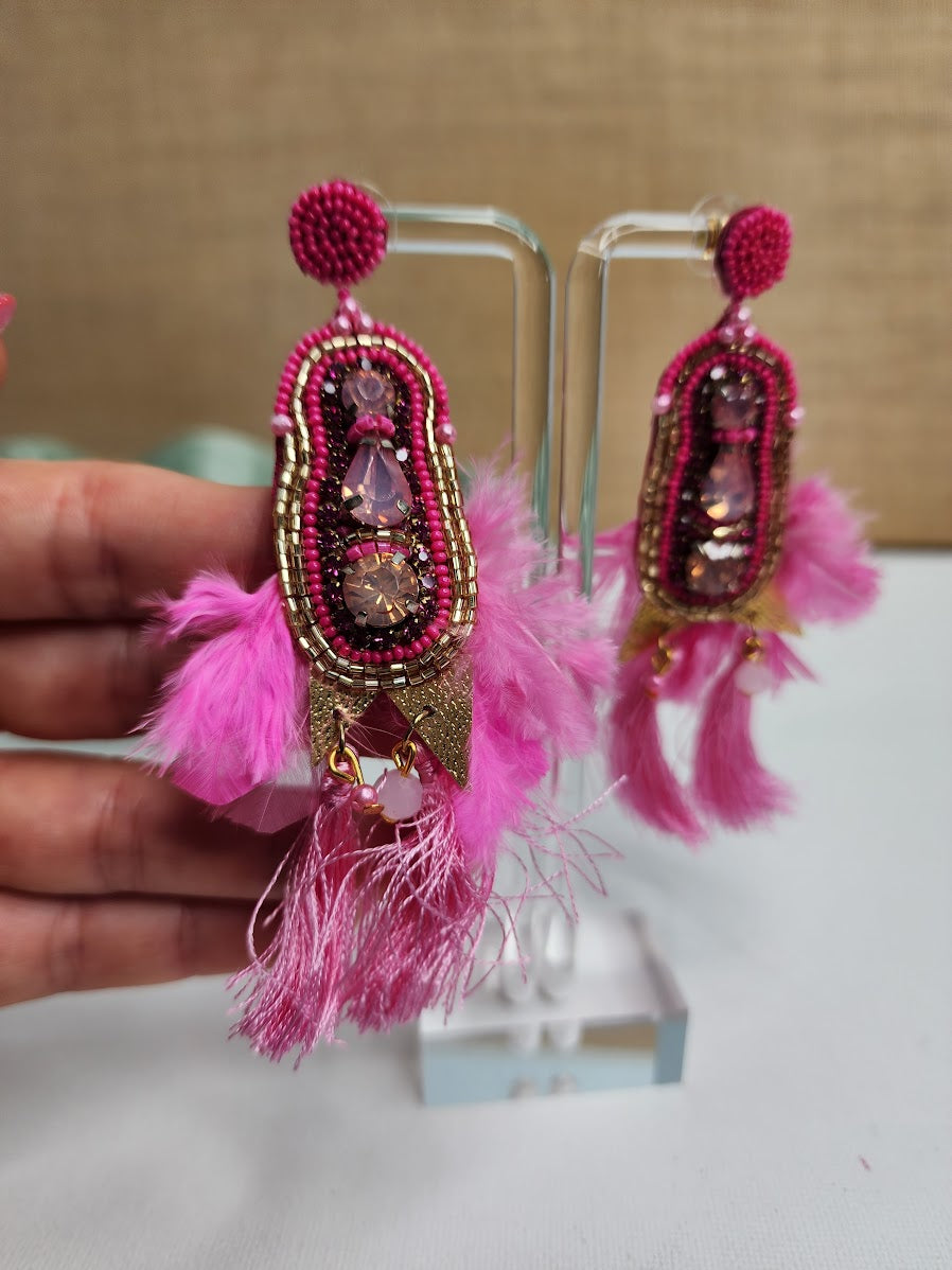 Pink Ladies with Feathers Earrings