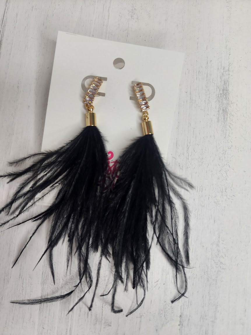 Feather and Rhinestone Earrings in Black