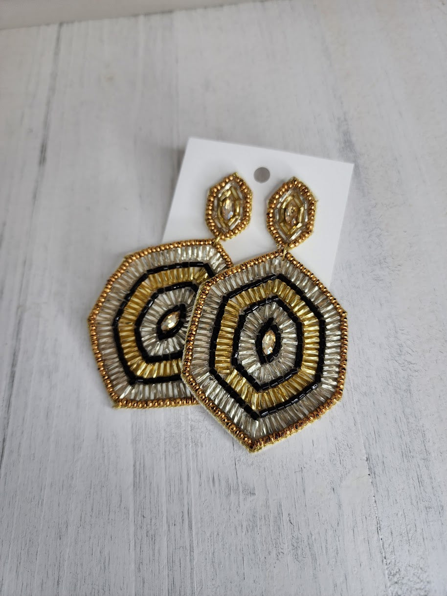 Hexagon Black, Gold & Silver Earrings